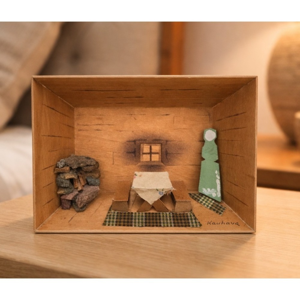 Vintage 3D Wood Carved Shadow Box Diorama Cottage Cabin Table Fireplace Kauhava